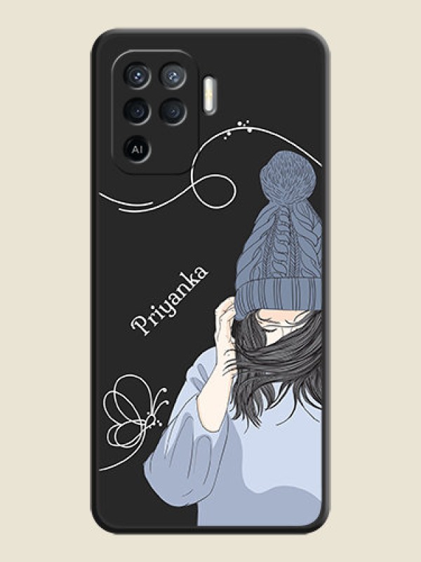 Custom Girl With Blue Winter Outfiit Custom Text Design On Space Black Personalized Soft Matte Phone Covers -Oppo F19 Pro