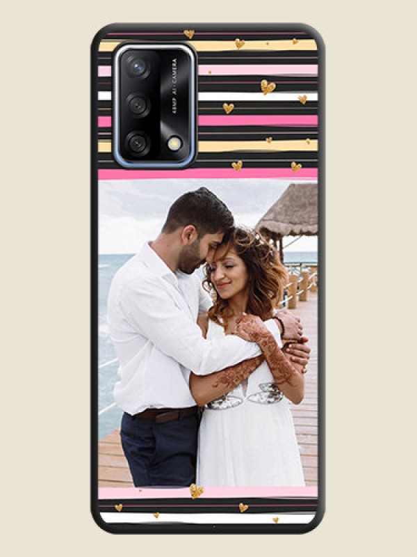 Custom Multicolor Lines and Golden Love Symbols Design on Photo on Space Black Soft Matte Mobile Cover - Oppo F19