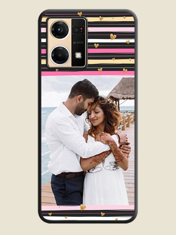 Custom Multicolor Lines and Golden Love Symbols Design on Photo on Space Black Soft Matte Mobile Cover - Oppo F21 Pro 4G