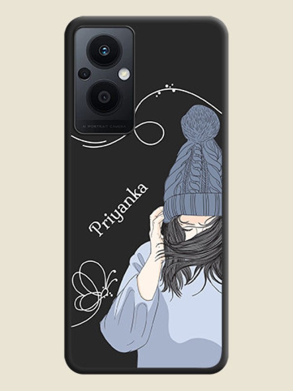 Custom Girl With Blue Winter Outfiit Custom Text Design On Space Black Personalized Soft Matte Phone Covers -Oppo F21 Pro 5G