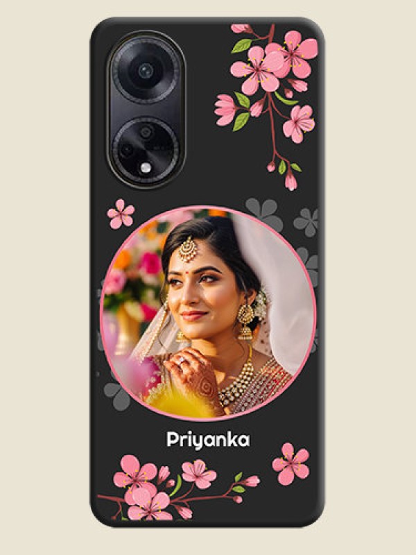 Custom Round Image with Pink Color Floral Design - Photo on Space Black Soft Matte Back Cover - Oppo F23 5G