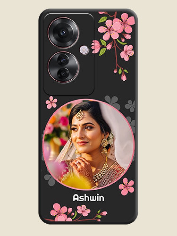 Custom Round Image with Pink Color Floral Design on Photo On Space Black Custom Soft Matte Mobile Back Cover - Oppo F25 Pro 5G