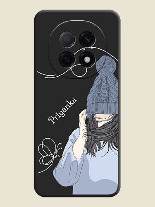 Custom Girl With Blue Winter Outfiit Custom Text Design On Space Black Custom Soft Matte Mobile Back Cover - Oppo F29 Pro 5G
