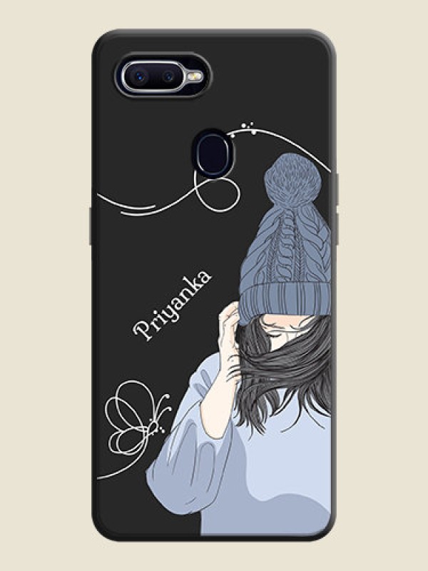 Custom Girl With Blue Winter Outfiit Custom Text Design On Space Black Personalized Soft Matte Phone Covers -Oppo F9 Pro
