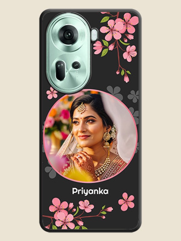 Custom Round Image with Pink Color Floral Design - Photo on Space Black Soft Matte Back Cover - Reno 11 5G