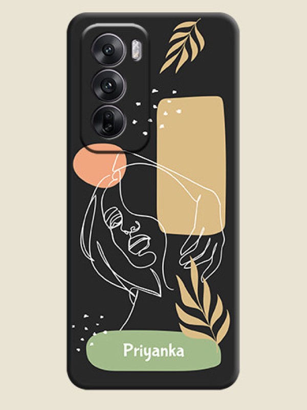 Custom Custom Text With Line Art Of Women & Leaves Design On Space Black Custom Soft Matte Mobile Back Cover - Oppo Reno 12 5G