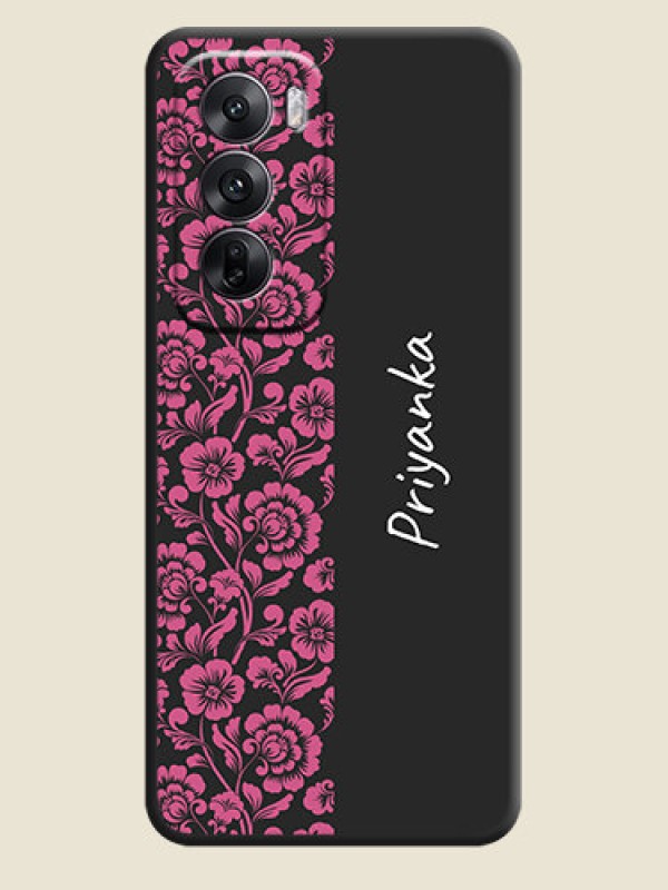 Custom Pink Floral Pattern Design With Custom Text On Space Black Custom Soft Matte Mobile Back Cover - Oppo Reno 12 5G