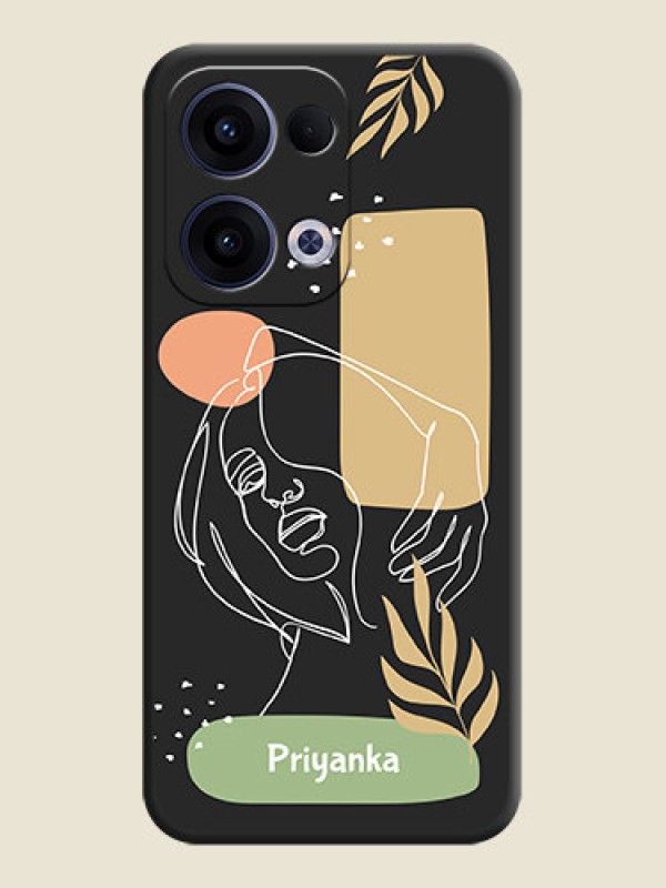 Custom Custom Text With Line Art Of Women & Leaves Design On Space Black Custom Soft Matte Mobile Back Cover - Oppo Reno 13 5G