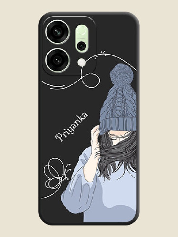 Custom Girl With Blue Winter Outfiit Custom Text Design On Space Black Custom Soft Matte Mobile Back Cover - Oppo Reno 14 5G