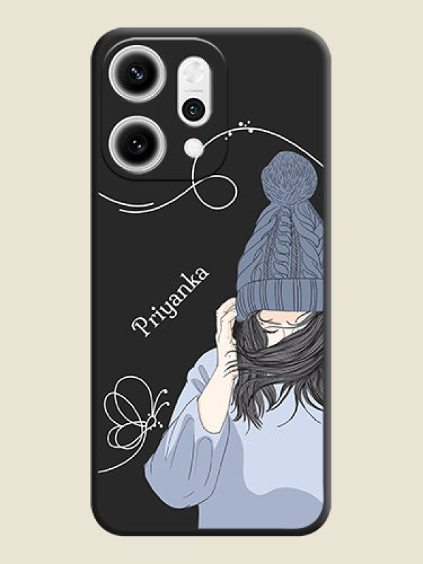 Custom Girl With Blue Winter Outfiit Custom Text Design On Space Black Custom Soft Matte Mobile Back Cover - Oppo Reno 14 Pro 5G