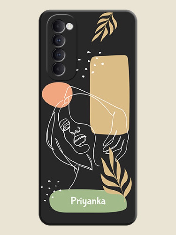 Custom Custom Text With Line Art Of Women & Leaves Design On Space Black Personalized Soft Matte Phone Covers -Oppo Reno 4 Pro