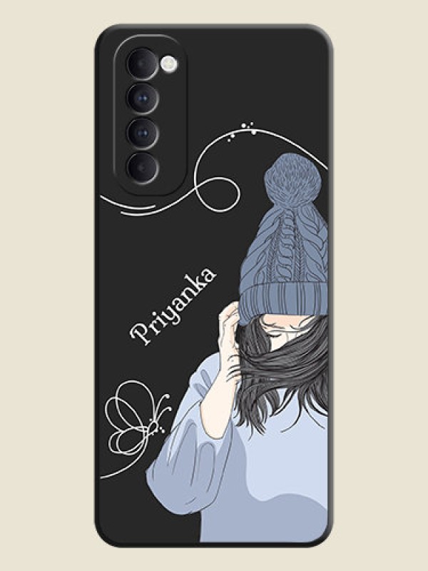 Custom Girl With Blue Winter Outfiit Custom Text Design On Space Black Personalized Soft Matte Phone Covers -Oppo Reno 4 Pro