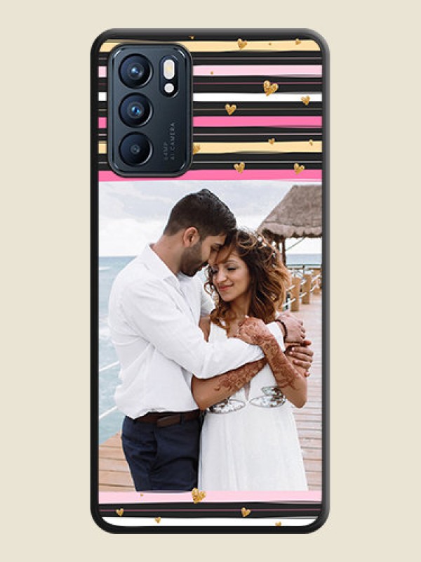 Custom Multicolor Lines and Golden Love Symbols Design on Photo on Space Black Soft Matte Mobile Cover - Oppo Reno 6 5G