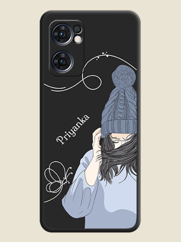 Custom Girl With Blue Winter Outfiit Custom Text Design On Space Black Personalized Soft Matte Phone Covers -Oppo Reno 7 5G