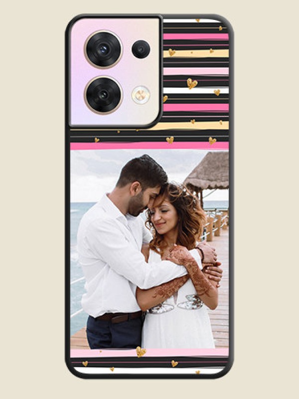 Custom Multicolor Lines and Golden Love Symbols Design on Photo on Space Black Soft Matte Mobile Cover - Oppo Reno 8 5G