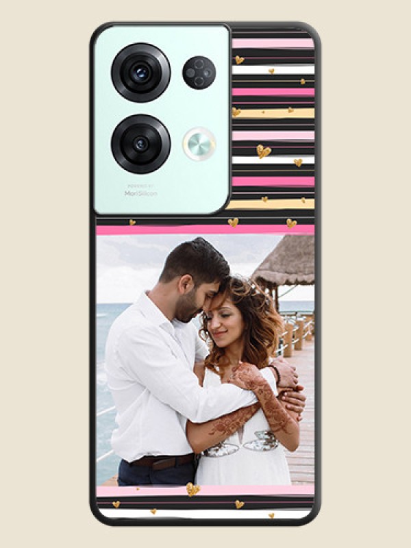 Custom Multicolor Lines and Golden Love Symbols Design on Photo on Space Black Soft Matte Mobile Cover - Oppo Reno 8 Pro 5G