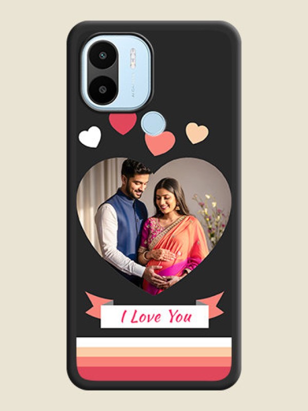 Custom Love Shaped Photo with Colorful Stripes on Personalised Space Black Soft Matte Cases - Poco C50