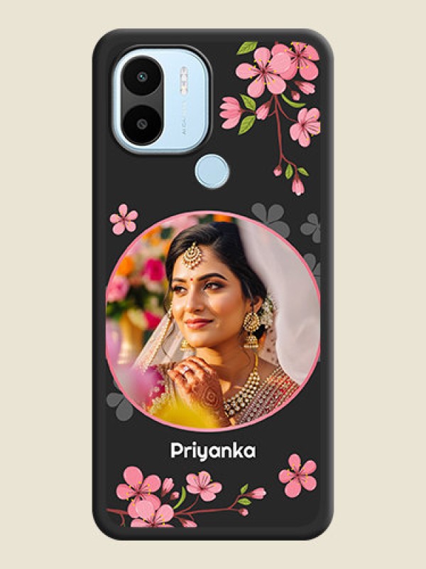 Custom Round Image with Pink Color Floral Design on Photo on Space Black Soft Matte Back Cover - Poco C50