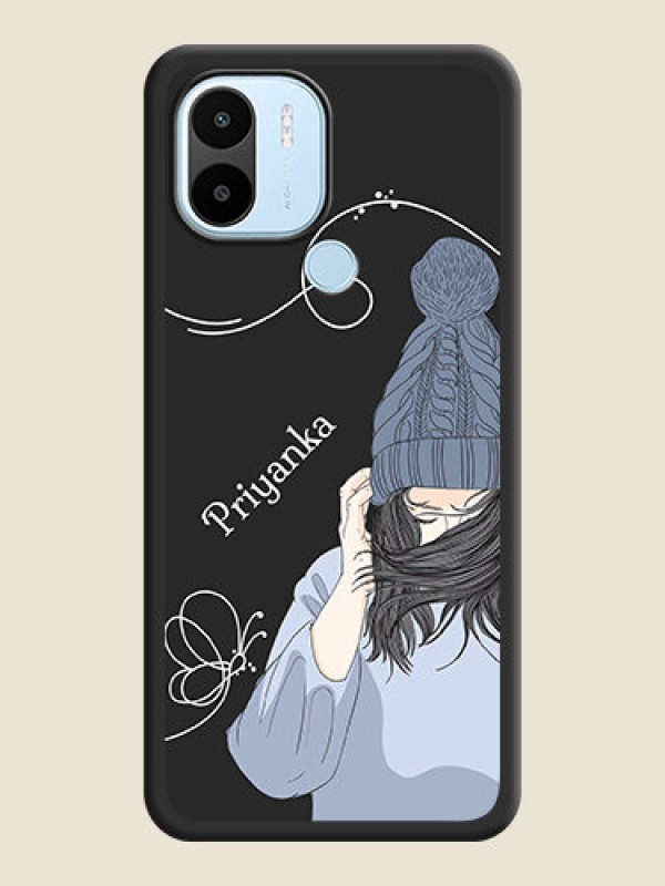 Custom Girl With Blue Winter Outfiit Custom Text Design On Space Black Personalized Soft Matte Phone Covers -Poco C50