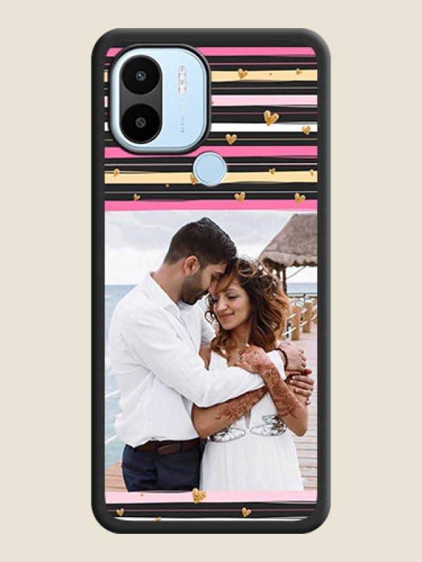 Custom Multicolor Lines and Golden Love Symbols Design on Photo on Space Black Soft Matte Mobile Cover - Poco C51