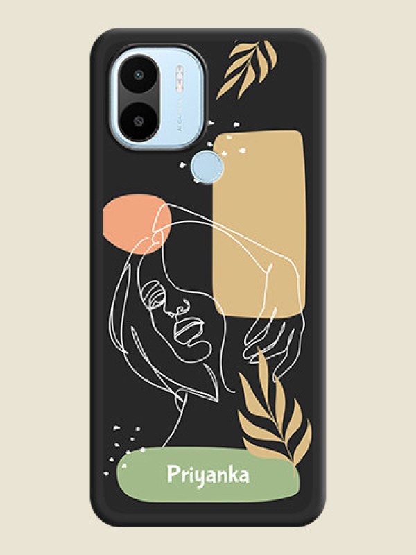 Custom Custom Text With Line Art Of Women & Leaves Design On Space Black Personalized Soft Matte Phone Covers -Poco C51