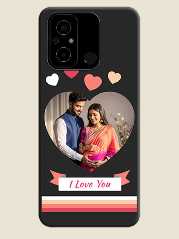 Custom Love Shaped Photo with Colorful Stripes on Personalised Space Black Soft Matte Cases - Poco C55