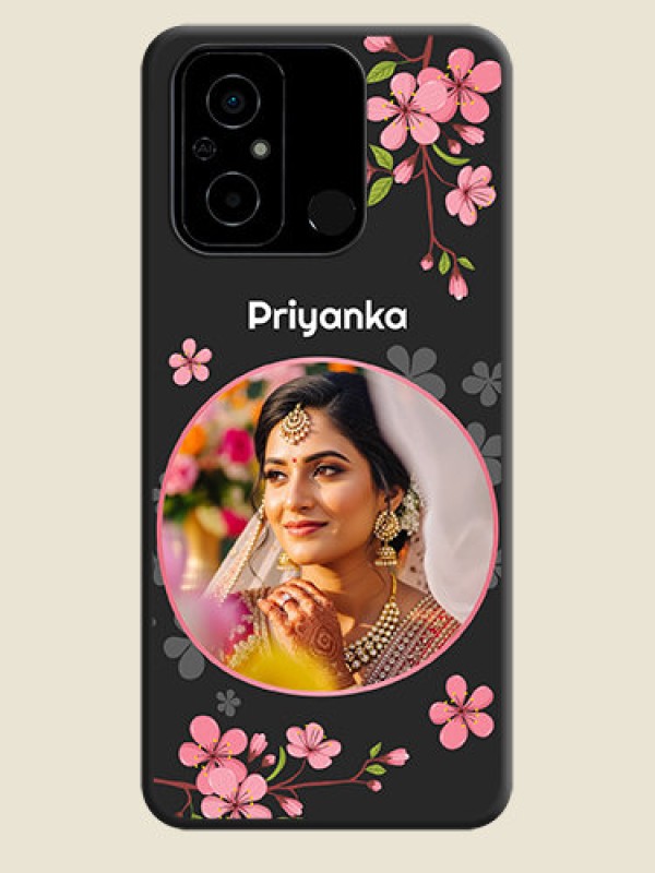 Custom Round Image with Pink Color Floral Design on Photo on Space Black Soft Matte Back Cover - Poco C55