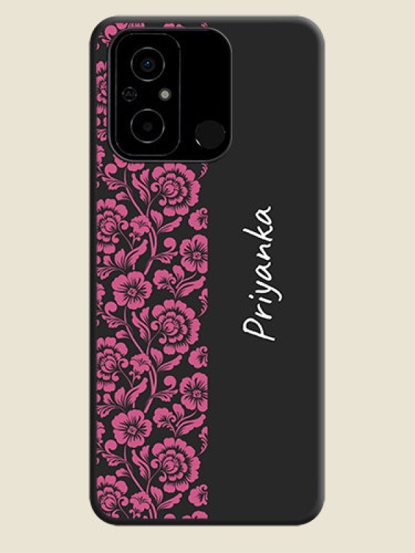 Custom Pink Floral Pattern Design With Custom Text On Space Black Personalized Soft Matte Phone Covers -Poco C55