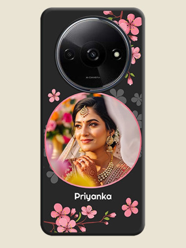 Custom Round Image with Pink Color Floral Design - Photo on Space Black Soft Matte Back Cover - Poco C61