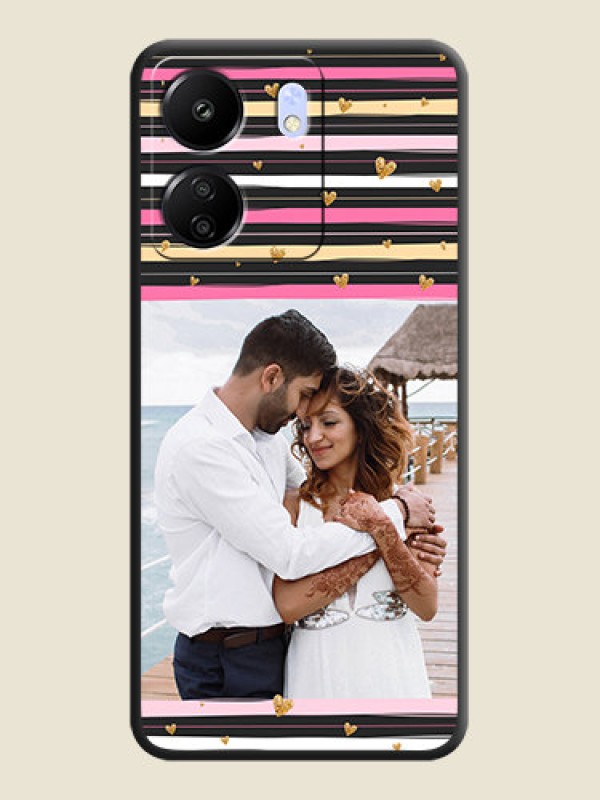 Custom Multicolor Lines and Golden Love Symbols Design on Photo On Space Black Custom Soft Matte Mobile Back Cover - Poco C65