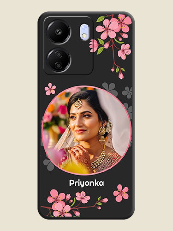 Custom Round Image with Pink Color Floral Design on Photo On Space Black Custom Soft Matte Mobile Back Cover - Poco C65