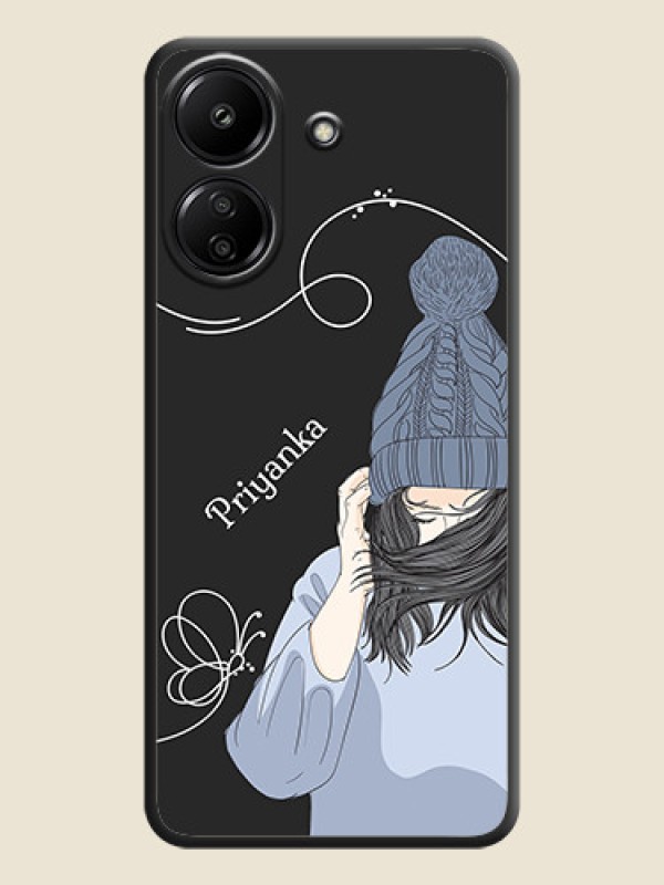 Custom Girl With Blue Winter Outfiit Custom Text Design On Space Black Custom Soft Matte Mobile Back Cover - Poco C65