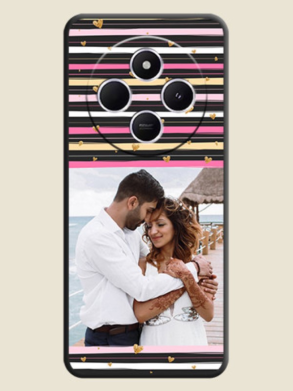 Custom Multicolor Lines and Golden Love Symbols Design on Photo On Space Black Custom Soft Matte Mobile Back Cover - Poco C75 5G