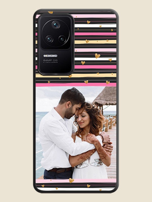 Custom Multicolor Lines and Golden Love Symbols Design on Photo on Space Black Soft Matte Mobile Cover - Poco F4 5G