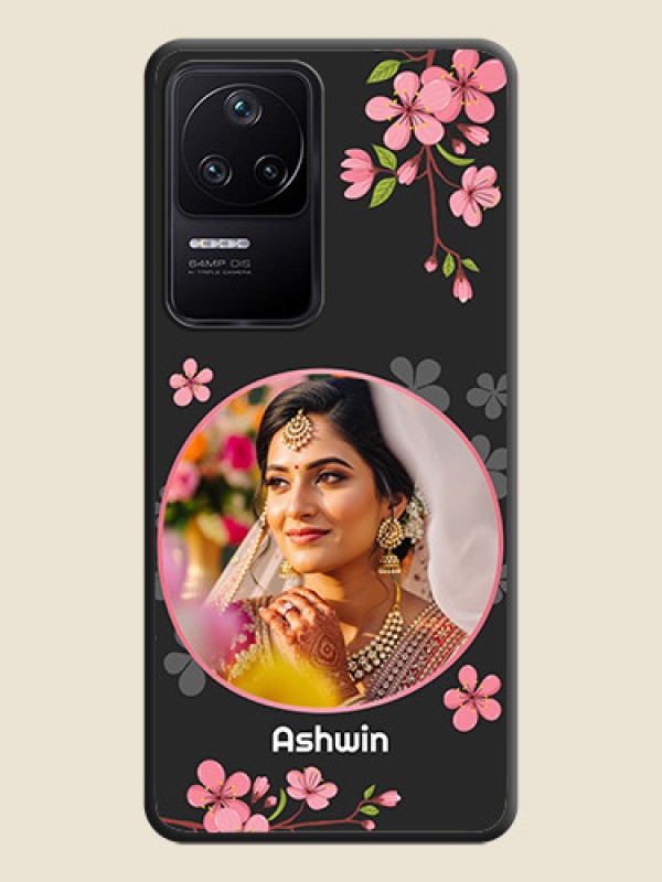 Custom Round Image with Pink Color Floral Design on Photo on Space Black Soft Matte Back Cover - Poco F4 5G