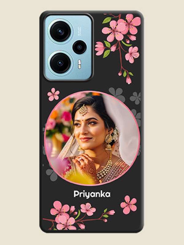 Custom Round Image with Pink Color Floral Design on Photo On Space Black Custom Soft Matte Mobile Back Cover - Poco F5