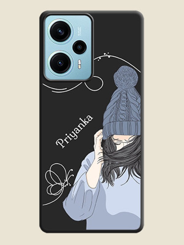 Custom Girl With Blue Winter Outfiit Custom Text Design On Space Black Custom Soft Matte Mobile Back Cover - Poco F5