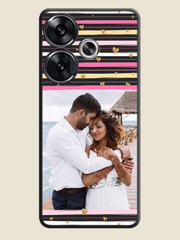 Custom Multicolor Lines and Golden Love Symbols Design on Photo On Space Black Custom Soft Matte Mobile Back Cover - Poco F6 5G