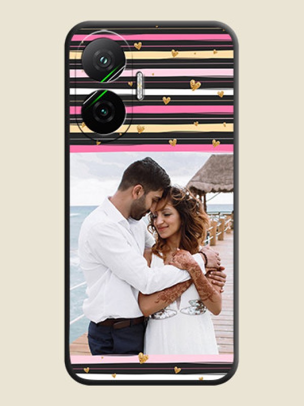 Custom Multicolor Lines and Golden Love Symbols Design on Photo On Space Black Custom Soft Matte Mobile Back Cover - Poco F7 5G