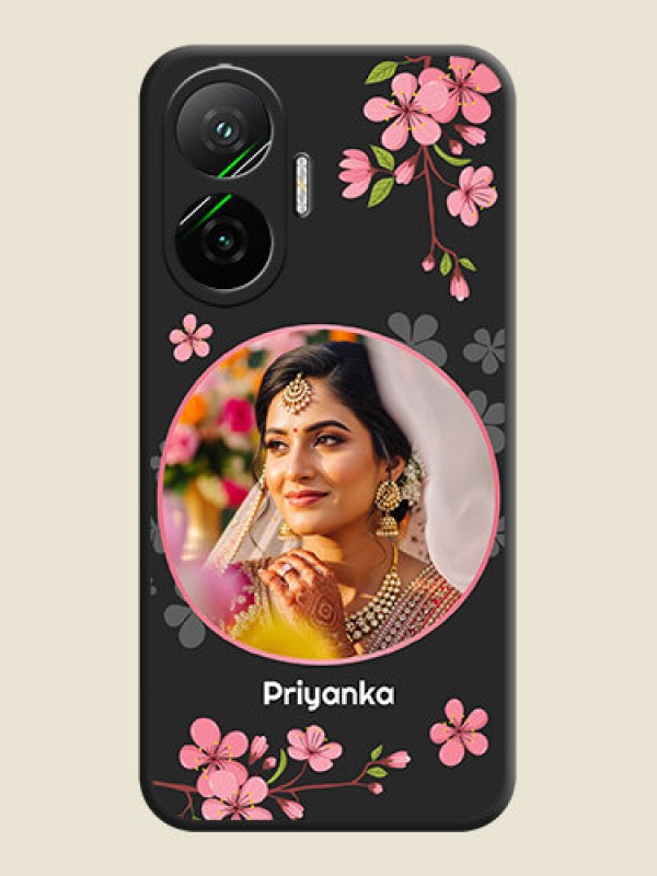 Custom Round Image with Pink Color Floral Design on Photo On Space Black Custom Soft Matte Mobile Back Cover - Poco F7 5G