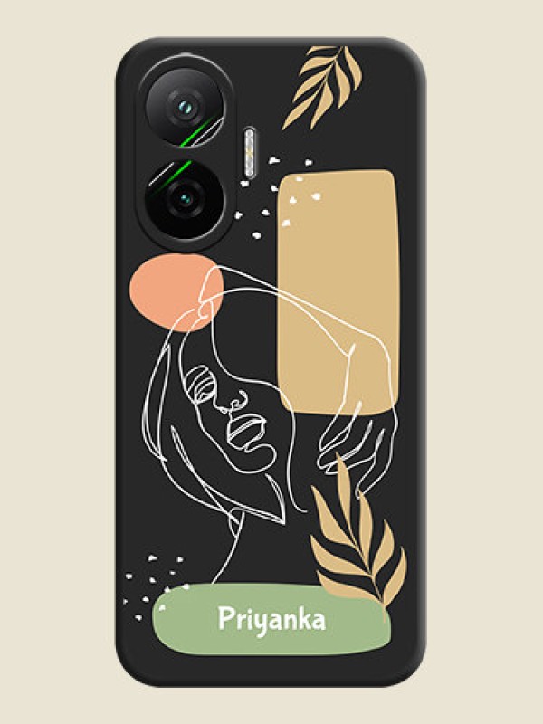 Custom Custom Text With Line Art Of Women & Leaves Design On Space Black Custom Soft Matte Mobile Back Cover - Poco F7 5G