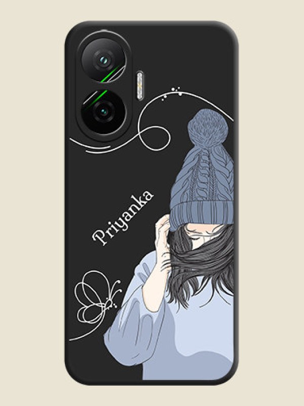 Custom Girl With Blue Winter Outfiit Custom Text Design On Space Black Custom Soft Matte Mobile Back Cover - Poco F7 5G