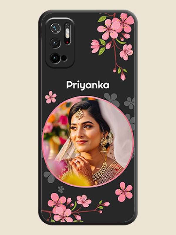 Custom Round Image with Pink Color Floral Design on Photo on Space Black Soft Matte Back Cover - Poco M3 Pro