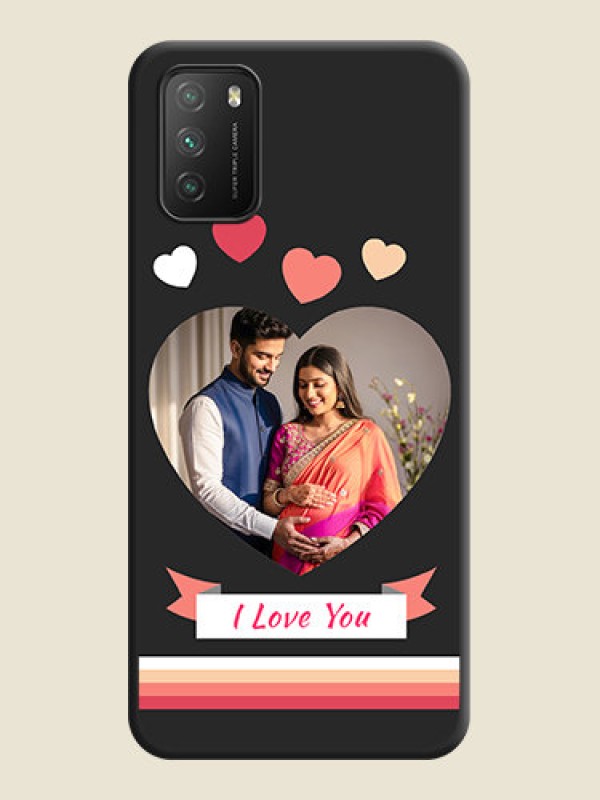 Custom Love Shaped Photo with Colorful Stripes on Personalised Space Black Soft Matte Cases - Poco M3