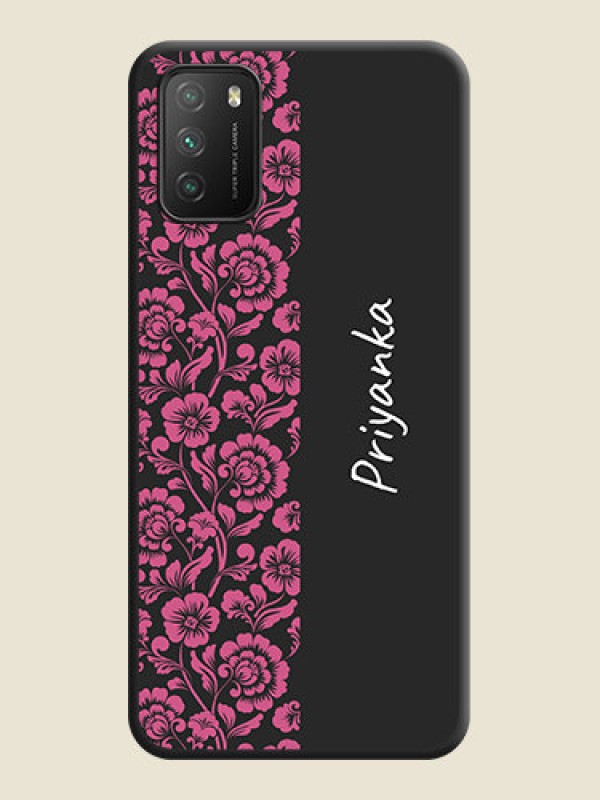 Custom Pink Floral Pattern Design With Custom Text On Space Black Personalized Soft Matte Phone Covers -Poco M3