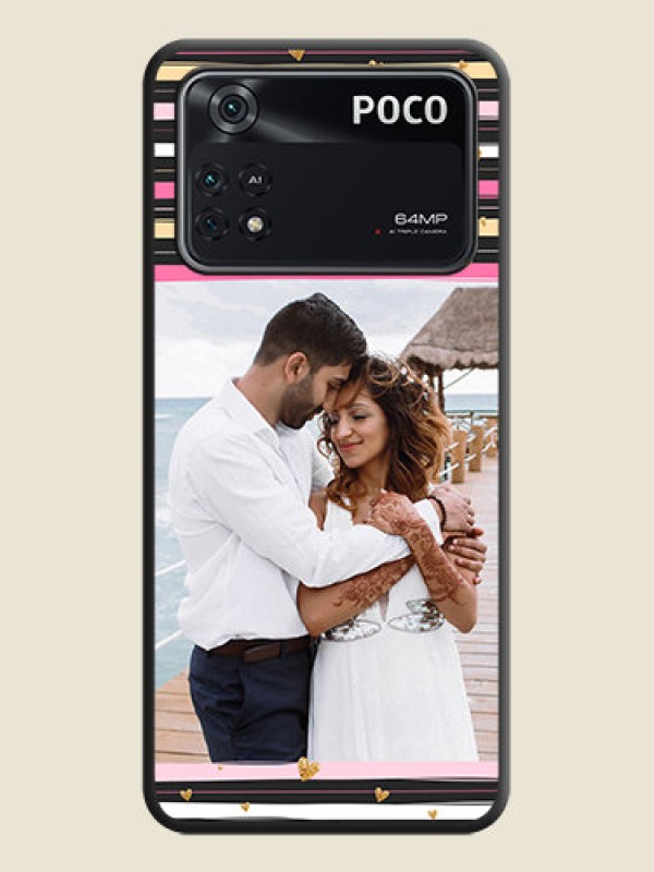 Custom Multicolor Lines and Golden Love Symbols Design on Photo on Space Black Soft Matte Mobile Cover - Poco M4 Pro 4G