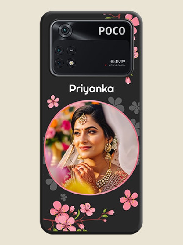 Custom Round Image with Pink Color Floral Design on Photo on Space Black Soft Matte Back Cover - Poco M4 Pro 4G