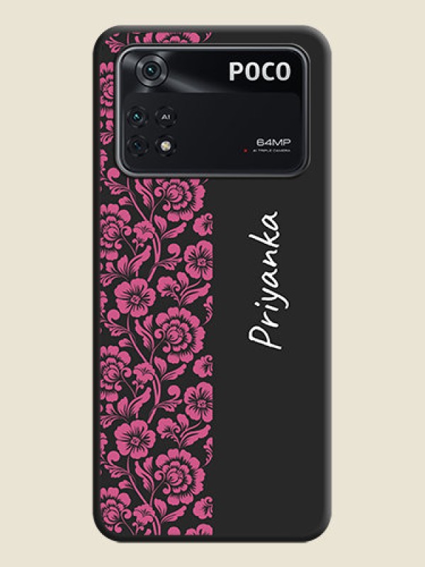 Custom Pink Floral Pattern Design With Custom Text On Space Black Personalized Soft Matte Phone Covers -Poco M4 Pro 4G