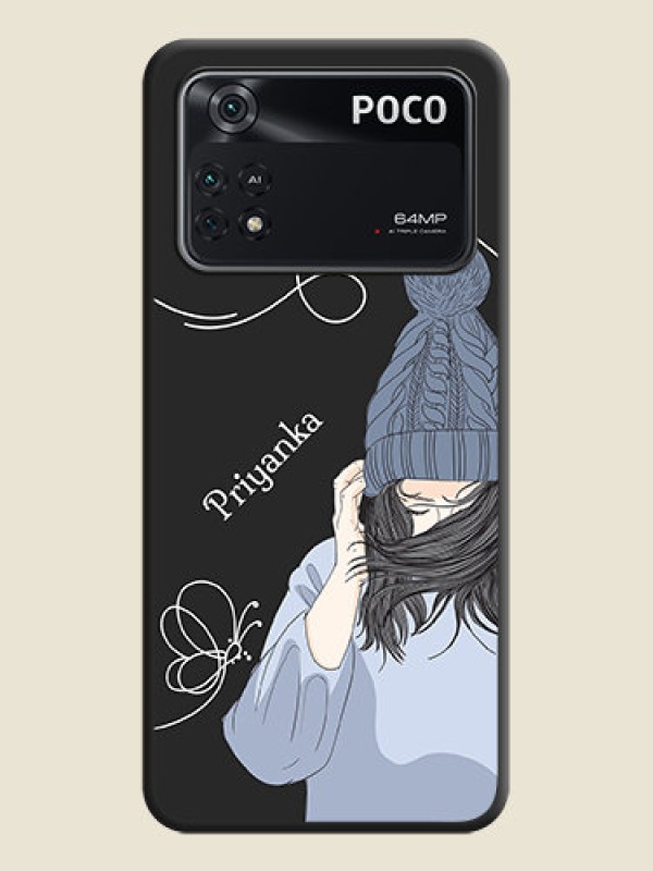 Custom Girl With Blue Winter Outfiit Custom Text Design On Space Black Personalized Soft Matte Phone Covers -Poco M4 Pro 4G