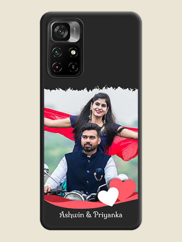 Custom Pin Color Love Shaped Ribbon Design with Text on Space Black Custom Soft Matte Phone Back Cover - Poco M4 Pro 5G